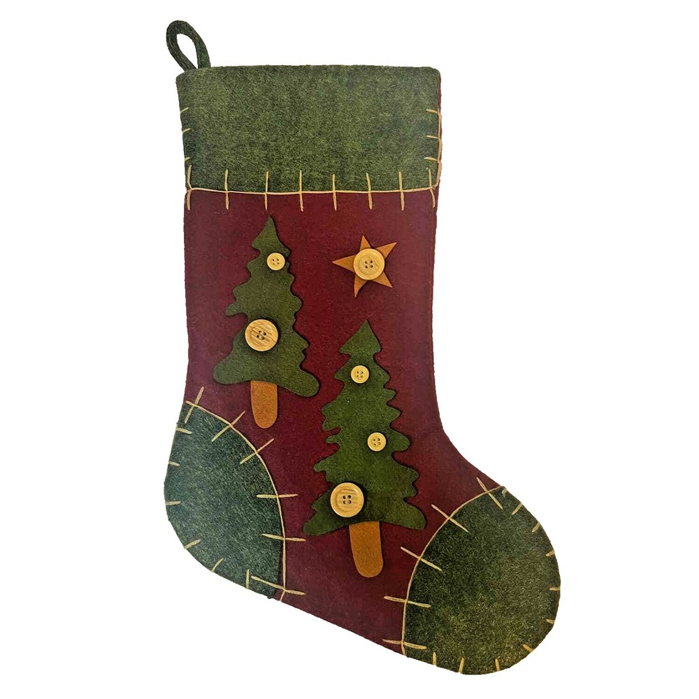 Christmas Stocking Buttons Trees Star Green Maroon Lined Minimalist Stitched